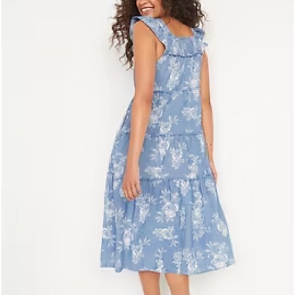 Old Navy | Blue Floral Flutter-Sleeve Floral Tiered Smocked Midi Swing Dress XS - Picture 2 of 8